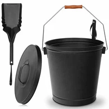 5 Gallon Black Steel Fireplace Ash Bucket with Shovel Lid Cover Fire pit Classic