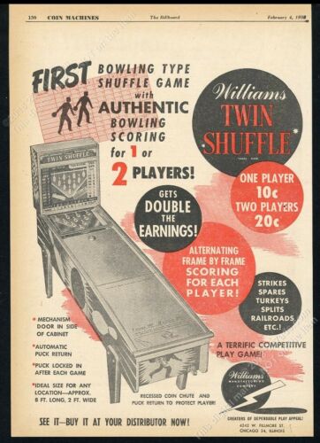 1950 Williams Twin Shuffle shuffleboard pièce-op jeu machine photo publicité commerciale - Photo 1 sur 7