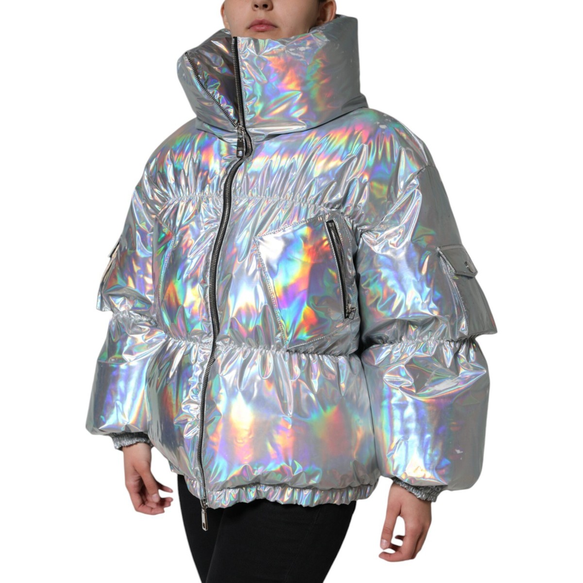 DOLCE & GABBANA Jacket Silver Iridescent Puffer Full Zip DOLCE & GABBANA Jacket Silver Iridescent Puffer Full Zip