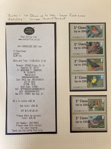 POST GO BIRDS 1 WINCOR SET of 6 1st Class EASTCHEAP LARGE FONT ERRORS - RARE