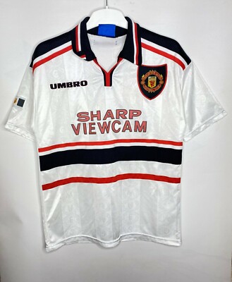 Maillot Extérieur Manchester United 1997/99 - Taille Y Garçons, Umbro, Blanc, Occasion