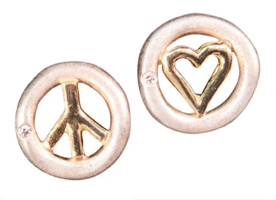 NEW: Peace & Love Earrings-Sterling Silver-Solid 18K Gold-Tiny Diamonds-Handmade - Image 2 of 4