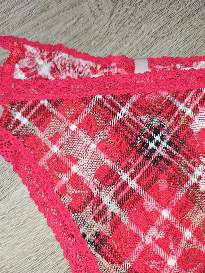PINK By Victoria Secret Red Plaid Lace Thong Size Medium Double Side Strap - Image 2 of 4