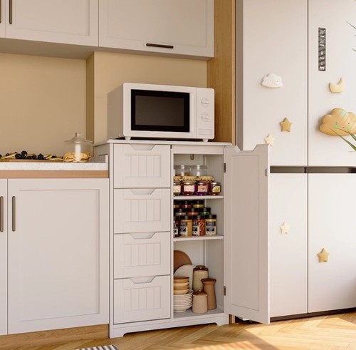 Pantry Storage Cabinet, 33" White Wood Kitchen Pantry Storage Cabinet 4 Drawers - Picture 3 of 7