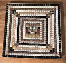 Vintage Brown, Black, Yellow, Gold Tile Mosaic 12" SQ Concave w/ Flower in Metal