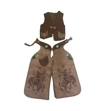 Youth Bull Riding Suede Leather Chaps & Matching Vest Brown/Tan Cowboy Print.