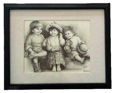Dianne Dengel Artwork Sketch Black White Two Boys Girl Child Teddy Bear 16x13 