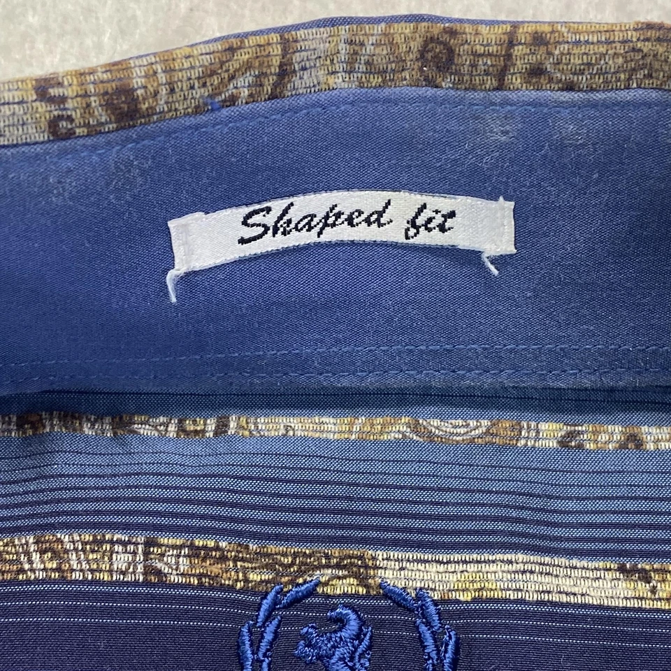 Bugatchi Uomo Shirt Mens Large Blue Gold Stripe Paisley Shaped Fit Button Down - Image 4 of 4