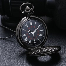 Vintage Style Retro Steampunk Pocket Watch Black Quartz with Necklace Chain Gift