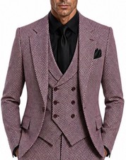Designer business elegant three piece men's suit burgundy gray white check