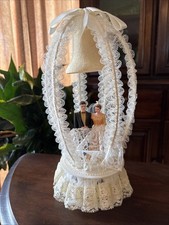Vtg 1973 Bride & Groom Ivory Wedding Cake Topper w Bell, Lace 11”