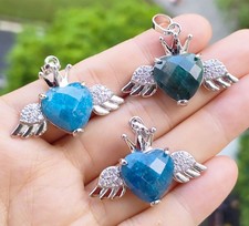 3pcs Blue apatite Pendants Faceted Gems Angel Wings Heart Love Luck Amulet
