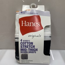 Womens Hanes Originals 4 Mid-Thigh Boxer Briefs White Black Red Sz M Damage Box