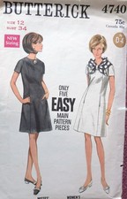 Vtg 1960s Butterick 4740 Princess Seam A-Line Dress SEWING PATTERN 12 34 bust
