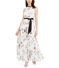 Calvin Klein Womens Floral Print Chiffon Gown Dress, yellowblossom, 6