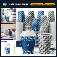 100 Pack 12oz Paper Coffee Cups with Lids - Disposable Hot Beverage Cups