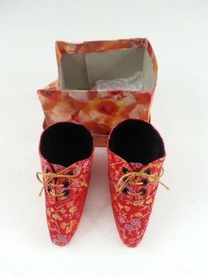 Vtg Souvenir Bound Feet Shoes Leather Soles Wah Aik Malaysia Chinese Red Floral
