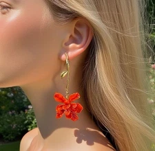 Metal Flower Stem Dangle Earrings Long Drop Vacation Style Earrings Women