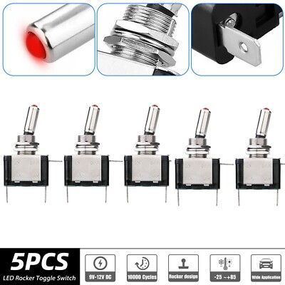 5PCS Red LED Light Toggle Rocker Switch Control 9-12V 20A ON/OFF Marine Car Boat