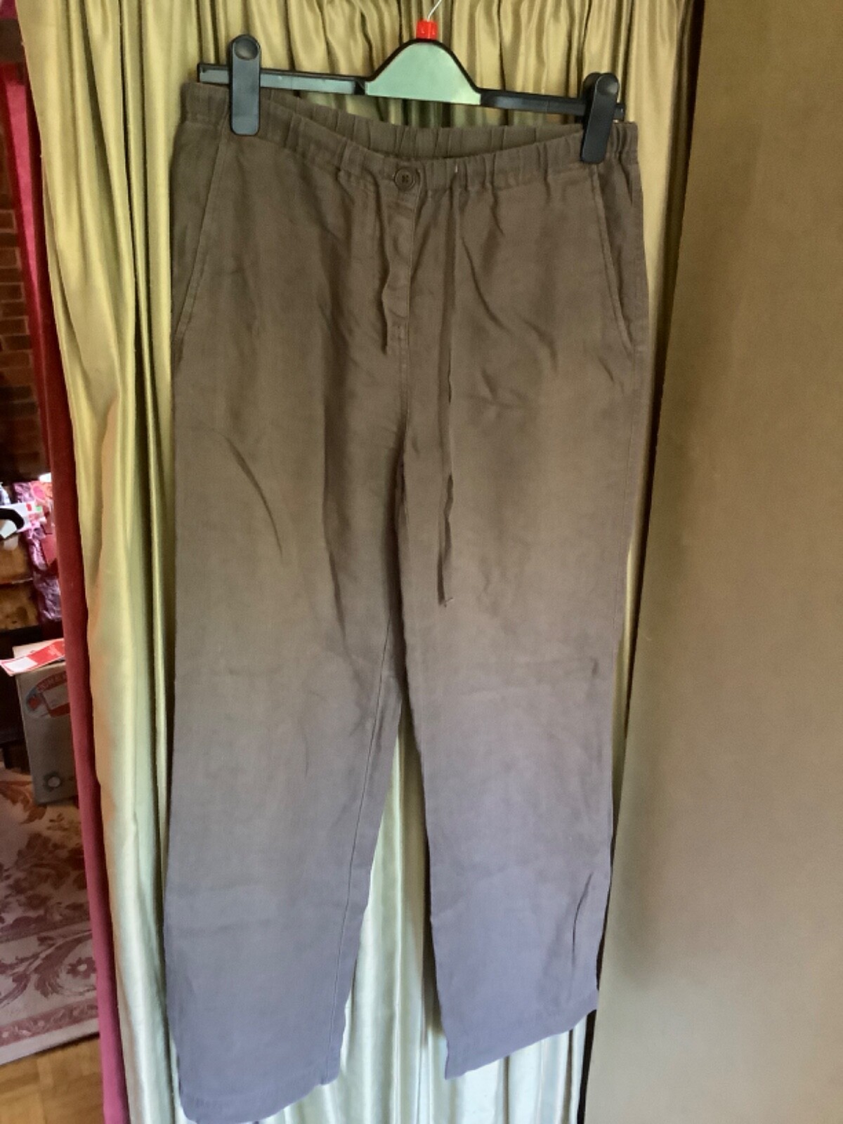 BODEN Relaxed Pull-on Linen Trousers UK 12 Brown Wide Leg Elastic Waist