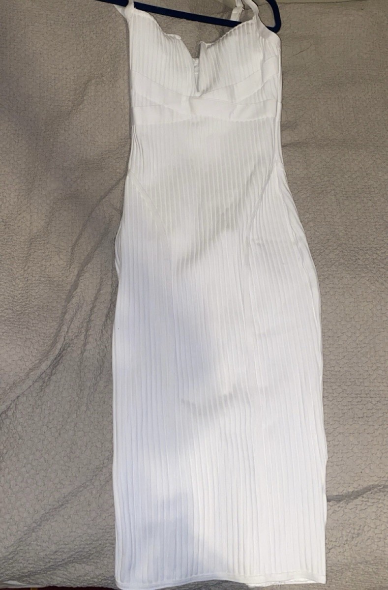 slim fit dress slacks Mew Mews Saahira Plunge Neck Rhinestone Midi Dress in Nude main image 1