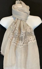 WIN WIN Gray Lace SCARF All Season Wear Semi Sheer Ball Fringe NEW