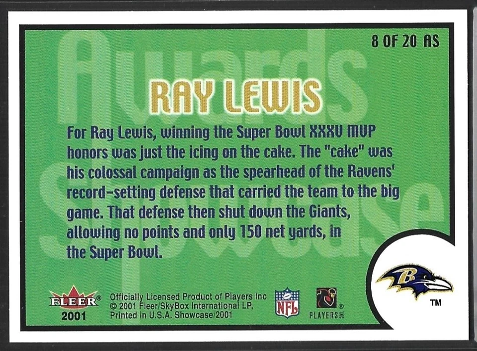 Ray Lewis 2001 Fleer Showcase #8AS Awards Showcase HOF Baltimore Ravens - Image 2 of 2