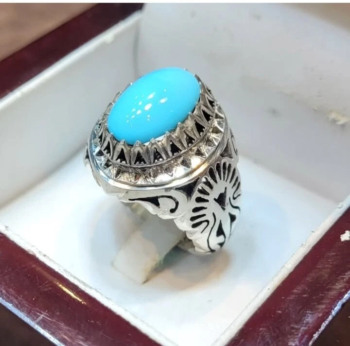 Anillo Turquesa Azul Oscuro Nishapuri Feroza Hecho a Mano Plata de Ley 925 Foto 2 de 3