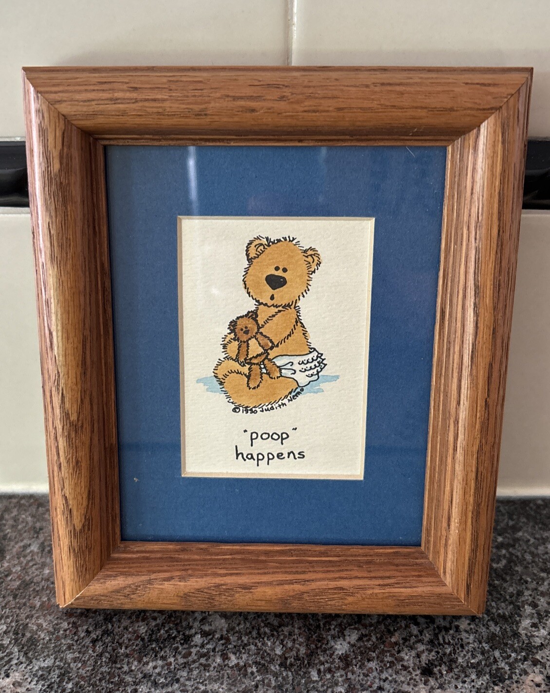 Vintage Poop Happens Judith Nemo Small Framed Art Teddy Bear Nursery Bathroom