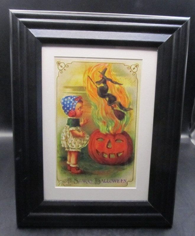 NEW ZAZZLE Halloween Postcard Witch on Broom Jack O Lantern Pumpkin Framed Borde