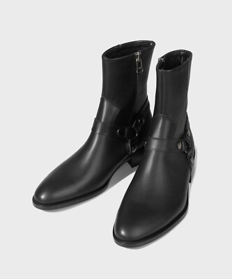 Firenze Atelier Men's Black Leather Harness Ankle Boots Zip-Up Boots Biker Boots