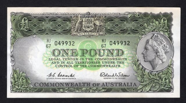 1961 AUSTRALIA ONE POUND BANKNOTE - good VERY FINE - S/N: HJ/67 049932 - R34b