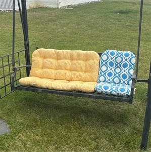 Outdoor Standing Swing Seat, Black Metal Frame Stand, Cushions Included