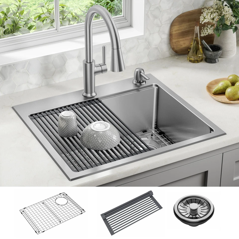 Fregadero de estación de trabajo Delta Emery 25", cuenco único SS y kit certificado restaurado Foto 2 de 4