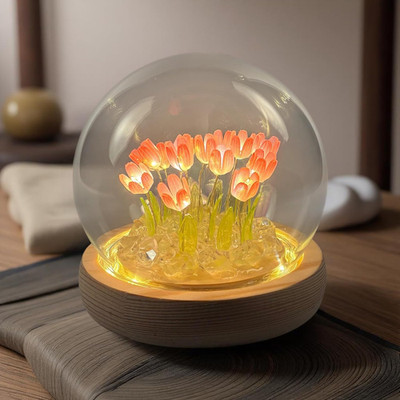 Tulip Lamp Glass Globe - Illuminated Flower Lamp with Glowing Blooms on Wooden B