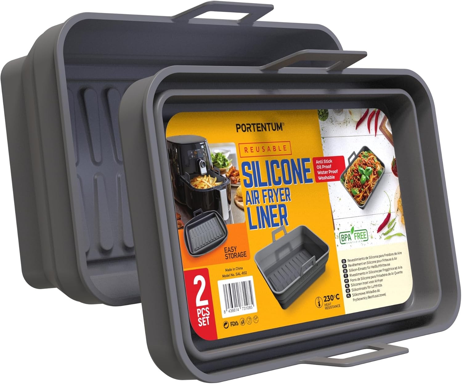 PORTENTUM Rectangular Silicone Air Fryer Liners – Set of 2 Reusable Foldable
