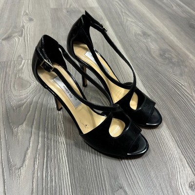 Saks Fifth Avenue Black Patent Leather Open Toe Heels Size 6.5 | Classic 3.5 