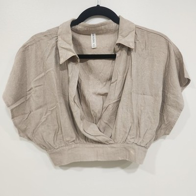 Zenana Women's Medium Ash Mocha Linen Blend Surplice Crop Top Dolman Sleeve