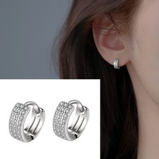 925 Silver Plated Wide Band CZ Huggie Hoop 10mm Small Earrings Women Girl B13