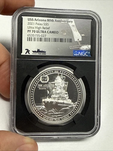 2021 NGC PF70 1 oz PALAU USS ARIZONA 80th Anniversary w/ COA .999 Silver $5 Coin