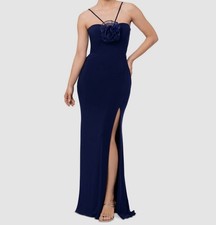 Xscape Women's Blue Stretch Rosette Halter Gown Dress Size 12