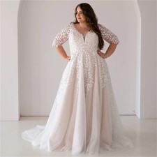 Plus Size Wedding Dress Half Sleeves V Neck Lace Tulle A Line Corset Bridal Gown