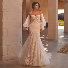 3D Flowers Mermaid Vintage Wedding Dresses Strapless Long Sleeve Bridal Gowns