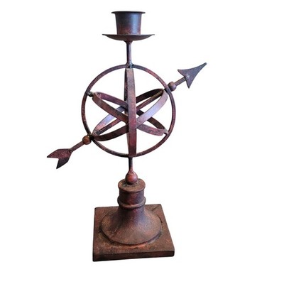 Rustic Cast Iron Armillary Sphere Candle Holder, Antique Brown, Medium, Textured