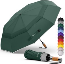 Windproof Folding Travel Umbrella Compact Strong Luxurious Real Wood Handle