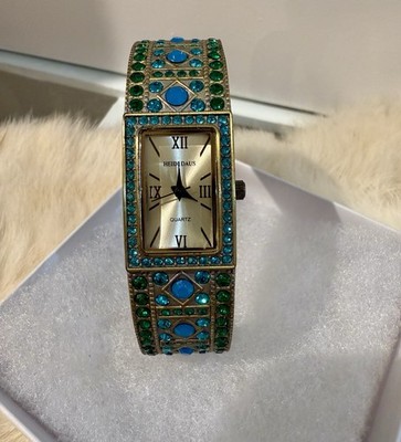 Vtg Heidi Daus Blue Teal Green Crystal Rhinestone Bracelet Watch Needs Battery