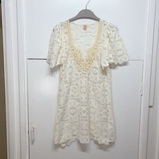 Farm Rio Tunic Top Cream Beige Lace Crochet Short Sleeve Summer Unlined Size P