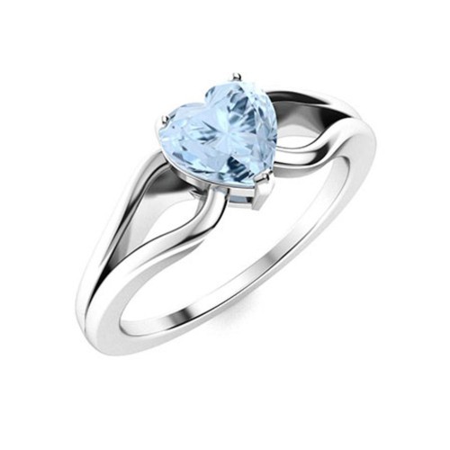 Solitaire 6MM Heart Shape Aquamarine Ring 925 Sterling Silver Split Shank Ring