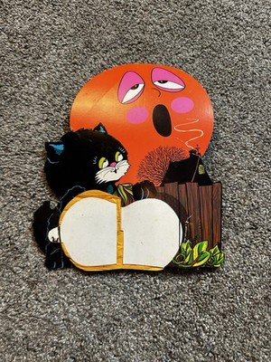 Vintage Beistle Black Cat On Moon Die Cut Halloween Decoration