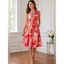 Eliza J Floral Sleeveless Fit & Flare Midi Dress Pink Coral Belted Size 8